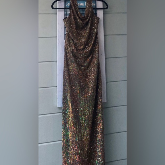 VICI Disco Fever shimmer long dress w/ slit & draped halter cowl neckline. NEW L - Picture 11 of 12